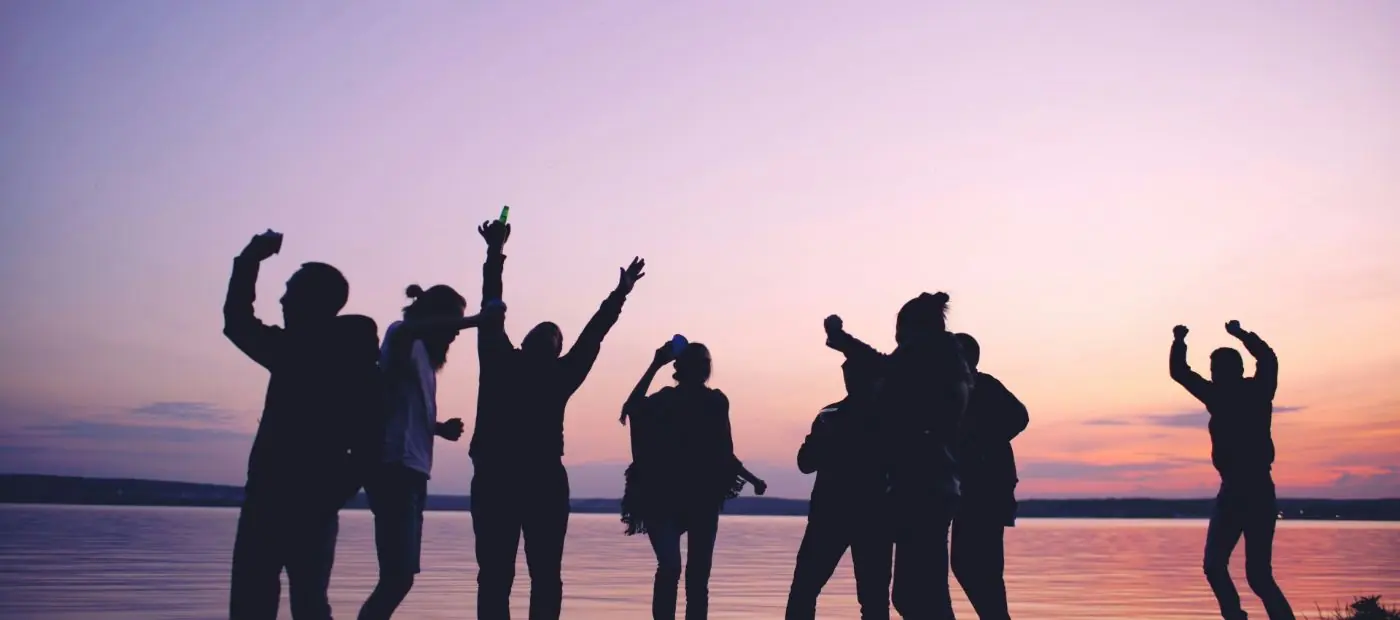 Silhouettes of a group of friends cheering by the water under a pink and purple dusk sky